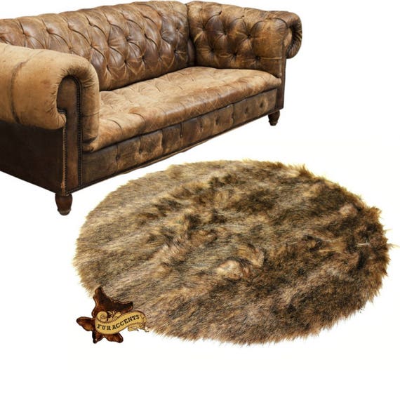 Plush Faux Fur Round Area Rug - Traditional Designer Throw Rug  - Golden Brown Wolf Fur -  100% Animal Friendly Fur Accents - USA