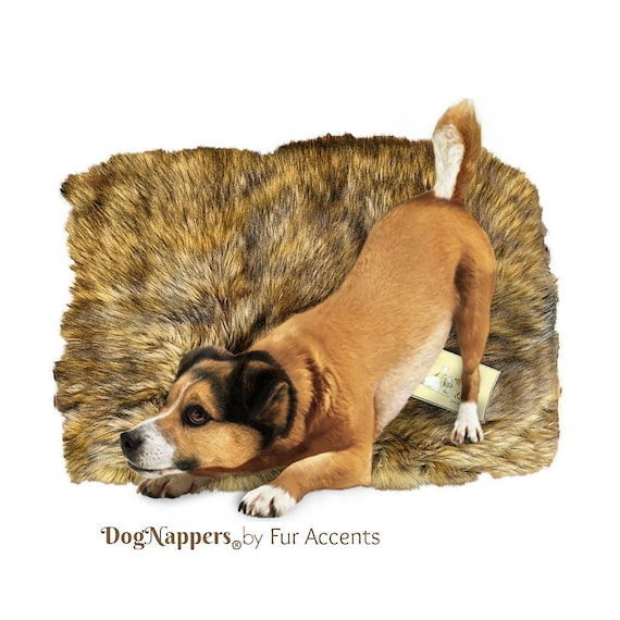 Shaggy Soft Golden Brown Wolf Faux Fur DogNapper Dog Bed - Cat Mat - Reversible - Padded Plush Shag Fur Lining - Fur Accents USA