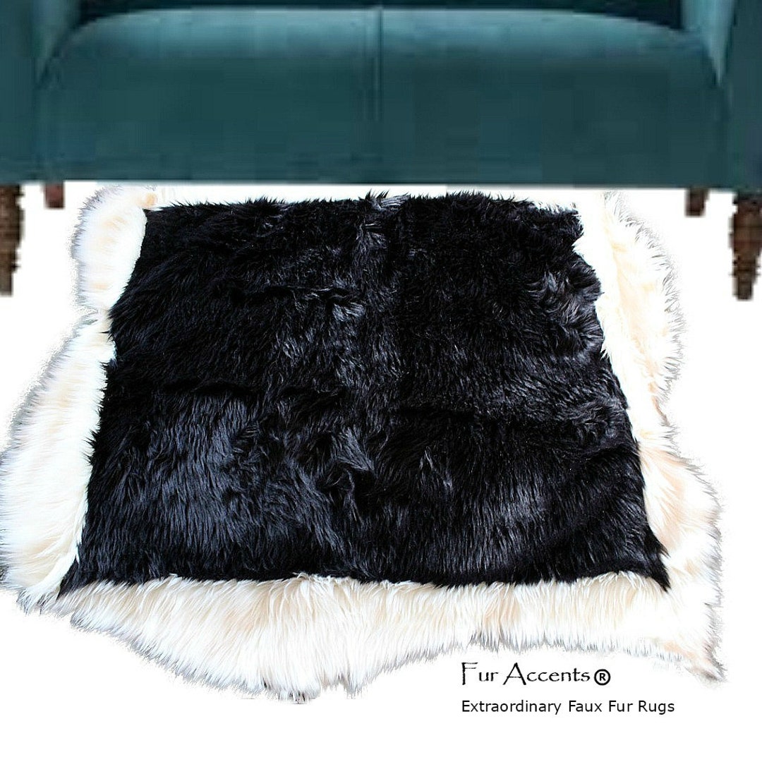 Plush Faux Fur Area Rug - Luxury Fur Thick Black With White Shaggy ...