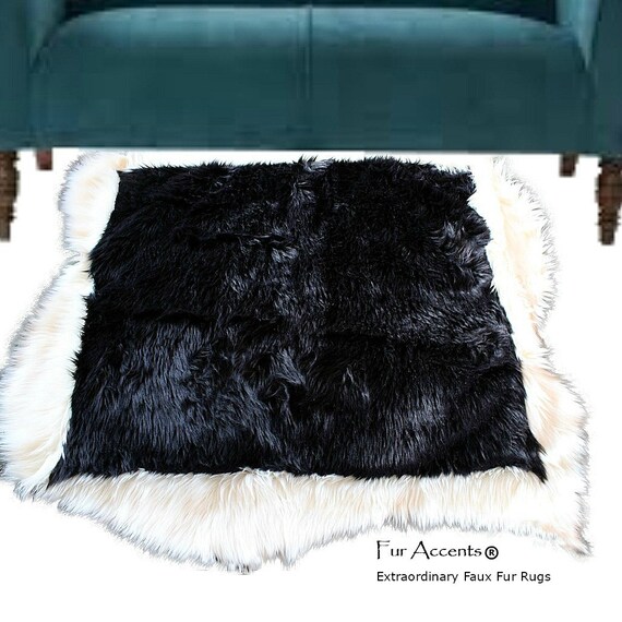 Plush Faux Fur Area Rug - Luxury Fur Thick Black with White Shaggy Border - Sheepskin - Random Shape Designer Throw - Fur Accents USA