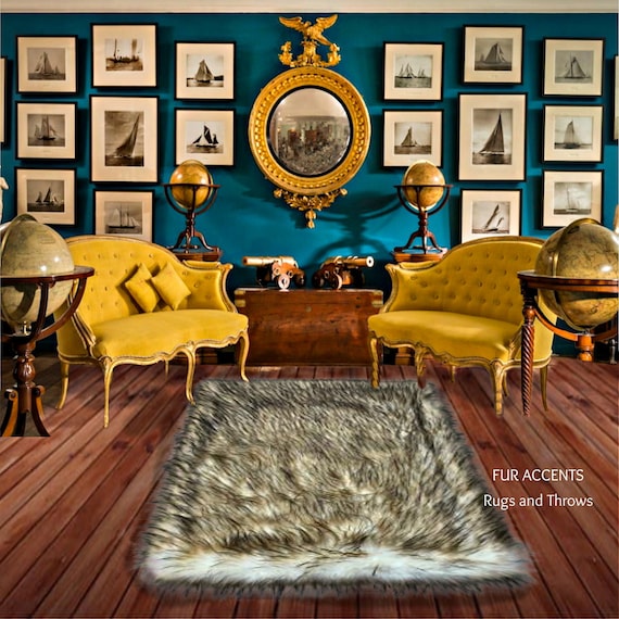 Plush Faux Fur Area Rug - Shaggy Thick Brown Tipped Wolf, Huskie, - Rectangle Shape Pelt Design  - Designer Art Rug by Fur Accents USA