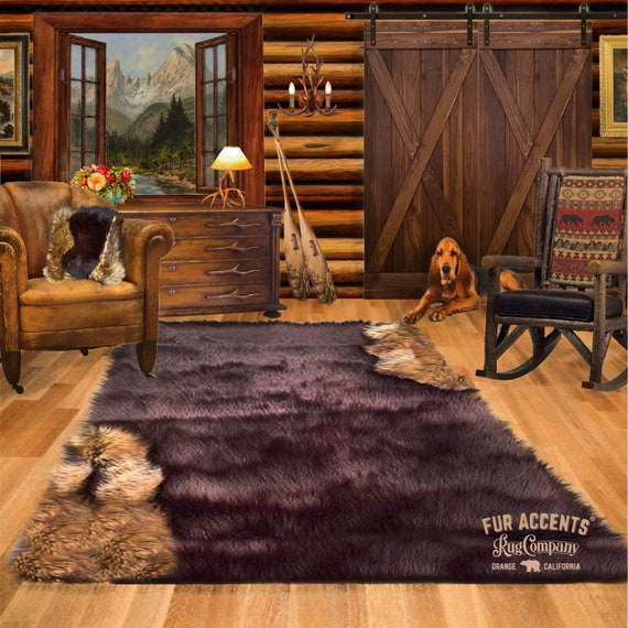Plush Faux Fur Area Rug - Luxury Thick Shag - Pieced Fur - Wolf Fur Trim  - Rectangle Shape Designer Throw - Art Rug by Fur Accents - USA