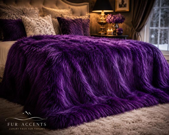 Handmade Plush Faux Fur Bedspread Set – Dark Purple, Pillow Shams