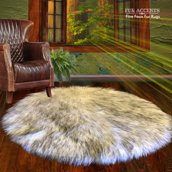 Plush Faux Fur Area Rug - Shag - Thick Black or Brown Tipped Wolf, Huskie, - Round Shape Pelt Design  - Designer Art Rug by Fur Accents USA