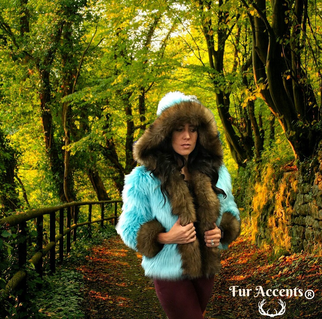 FUR ACCENTS Exotic Faux Fur Shaggy Dyed Teal Sheepskin Hooded Coat