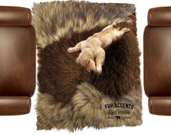 Faux Fur Throw Rug, Golden Coyote Wolf Border, Ultra Suede