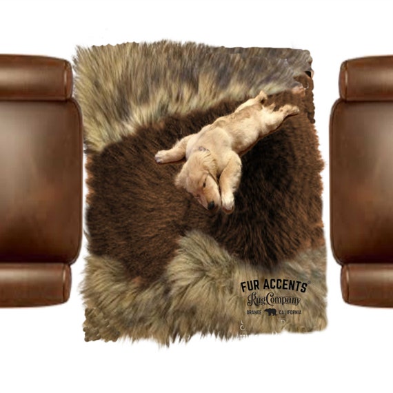 Faux Fur Throw Rug, Golden Brown Coyote, Wolf Luxury Fur Border. Edge Trim, Black Brown or White Center, Ultra Suede Lining, Fur Accents USA