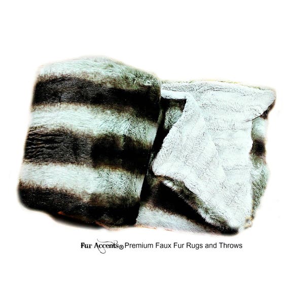 Plush Faux Fur Throw Blanket Bedspread - Super Soft - Gray Chinchilla Stripe - Fur Minky Cuddle Fur Lining - Fur Accents - USA