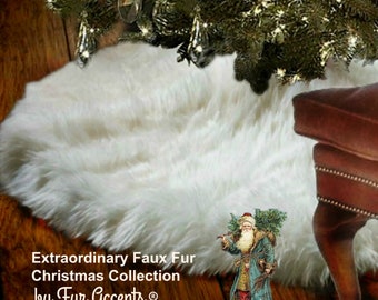 Faux Fur Christmas Tree Skirt – Shaggy Sheepskin, Round White Holiday Decor