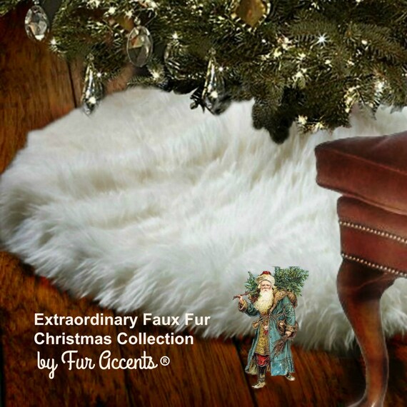 Classic Faux Fur Christmas Tree Skirt - Shaggy Faux Snow Sheepskin - Round with Center Opening - White or Off White by Fur Accents - USA