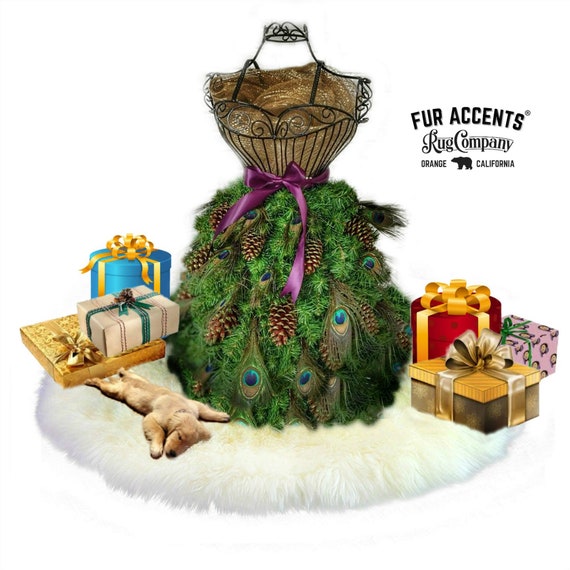 Classic Faux Fur Christmas Tree Skirt - Shaggy Shag Faux Sheepskin Round  - 18 Colors including White and Off White - by Fur Accents - USA