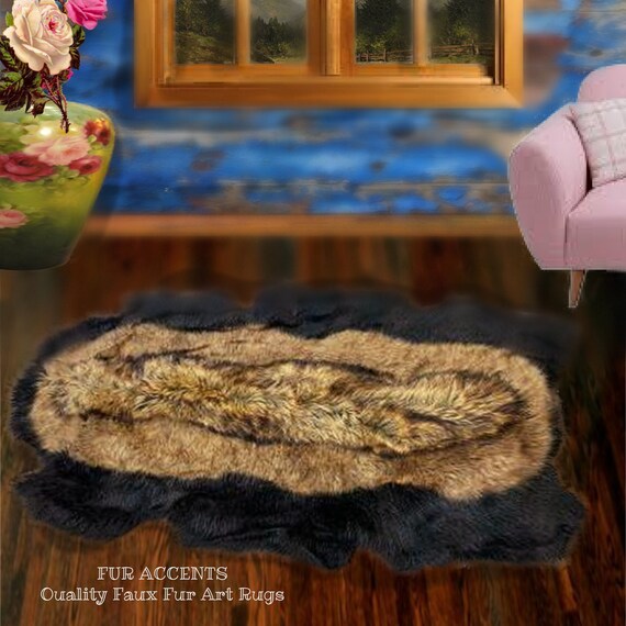 Faux Fur Throw Rug, Golden Brown Coyote, Wolf Luxury Pieced Fur Pelt with Black Brown or White Center, Ultra Suede Lining, Fur Accents USA