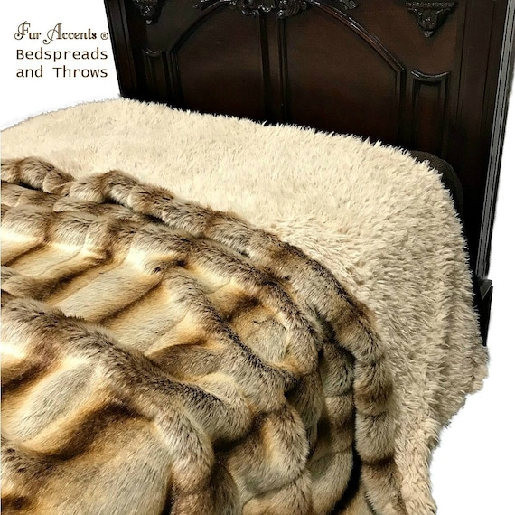 Plush Faux Fur Throw Blanket Bedspread Luxury Brown Stripe Ribbed