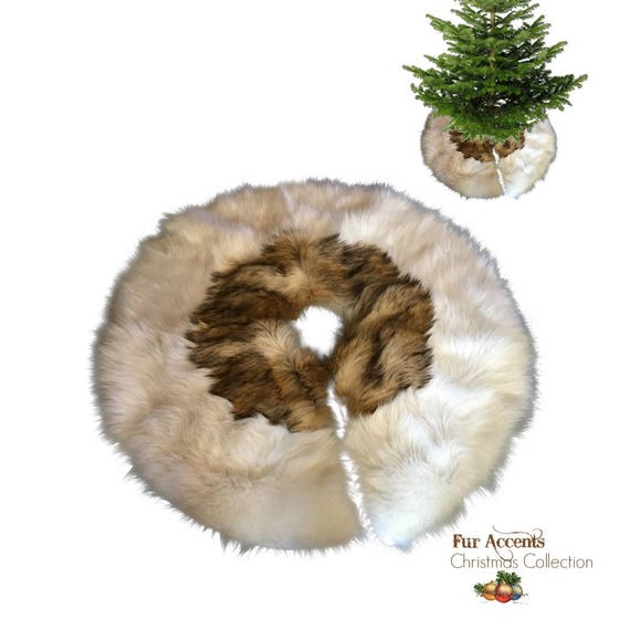 Classic Faux Fur Christmas Tree Skirt - Shaggy Shag Faux  Off White Wolf - Bear Skin - Round  - Golden Brown Tones by Fur Accents - USA