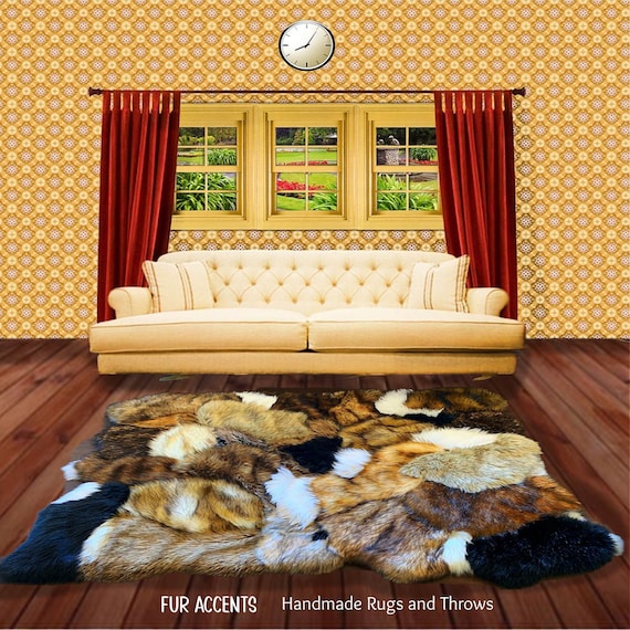Fur Rug - Patchwork Pieced Fur 100% Animal Friendly Sumptuous One of a Kind Hand Made Throw Toss Designer Originals by fur Accents - USA