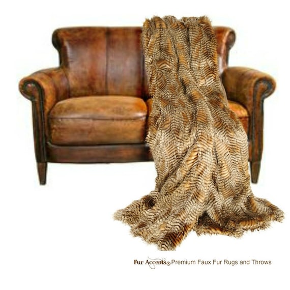 Plush Faux Fur Throw Blanket, Bedspread - Luxury Fur - Brown Tone Feather Fur  - Shag - Minky Cuddle Fur Lining - Fur Accents USA