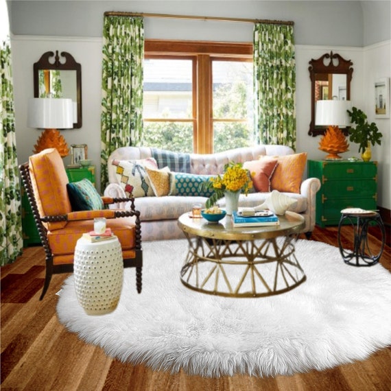 Plush Faux Fur Area Rug, Luxury Fur, Thick White, Shaggy Sheepskin, Round Shape, Extraordinary Designer Throw Carpet, Fur Accents USA