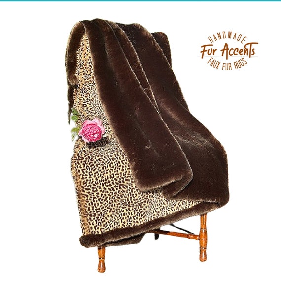 Soft Plush Faux Fur, Designer Throw Blanket, Soft Brown Minky Lining, Teal, Spotted Leopard Luxury Fur Limited, Hand Made by Fur Accents USA
