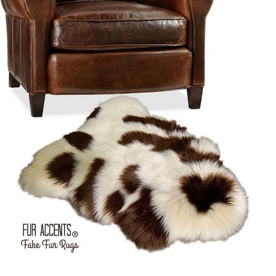 Thick Sheepskin Acent Rug - Luxurious -Icelandic Sheep - Shaggy Faux Fur  Pelt - Brown Spotted -  Single Sheep Area Rug - Fur Accents USA