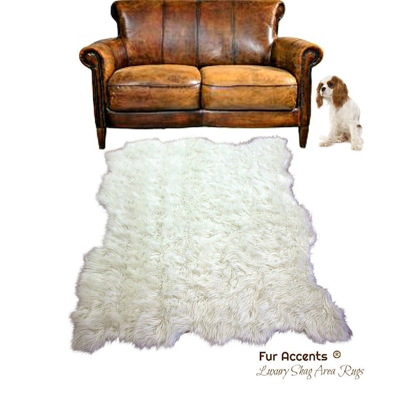 Plush Faux Fur Area Rug - White or Off White Sheepskin - Faux Fur - Random Multi Pelt Shape - Designer Throw Rug - Fur Accents - USA