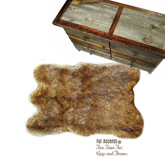 Plush Faux Fur Area Rug - Golden Brown Coyote - Wolf - Bear Skin - Faux Fur - Designer Throw Rug - Fur Accents - USA