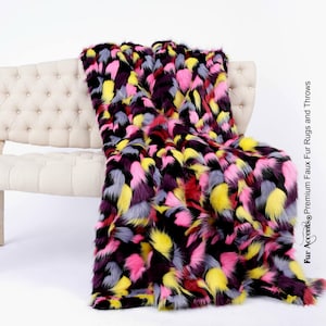 Plush Faux Fur Throw Blanket Soft Multi Color Patch Shag Pink Yellow Gray Black Bedspread Luxury Fur Minky Cuddle Fur Lining FurAccents USA image 1