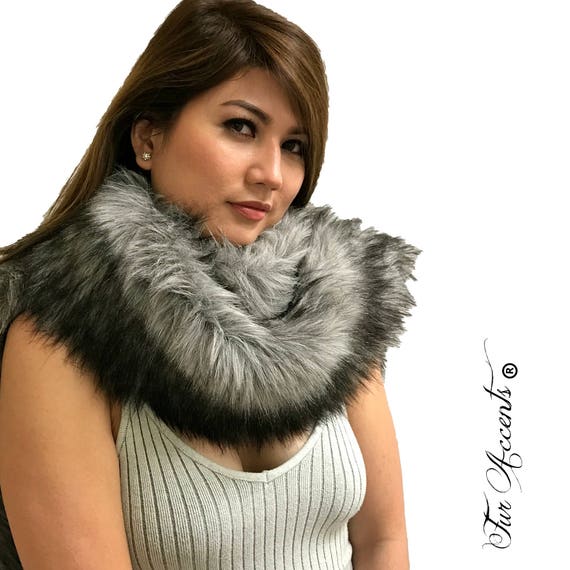 Exotic Pieced Faux Fur Scarf - Luxurious Plush Designer Fashion Fur - Black Tipped Gray Wolf - Fur Scarves Fur Accents USA