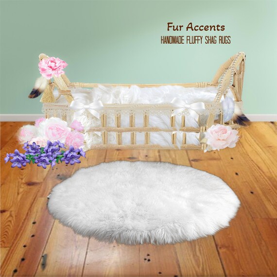 Plush Faux Fur Baby Nursery Area Rug - Shaggy Thick Sheepskin - Round Shape Pelt Design  - Designer Art Rug by Fur Accents USA