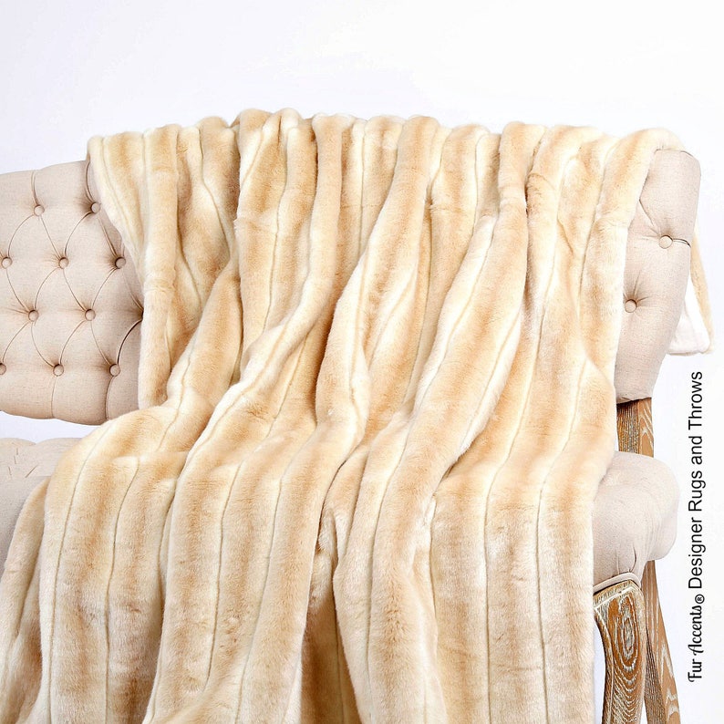 Tan Stripe Ribbed Mink Minky Cuddle Fur Lining Fur Accents USA Plush Faux Fur Throw Blanket Bedspread Luxury Fur