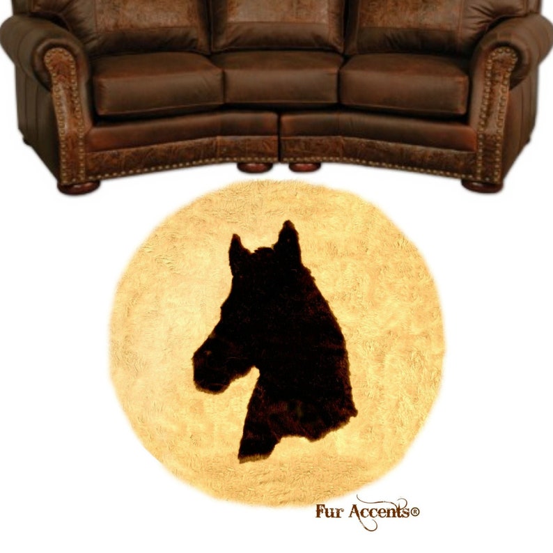 Plush Faux Fur Area Rug Horse Head Art Rug Pony Round Hand Sewn Micro Suede Lining Western Log Cabin Fur Accents USA image 2