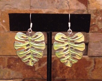 Enamel Monstera Lime Yellow Green Leaf Earrings