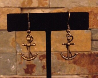 Small Antiqued Gold Brass Anchor Earrings Nautical Beach Ocean Tropical Jewelry Charm