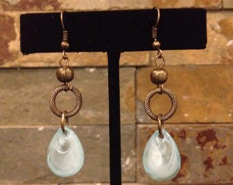 Light Aqua Turquoise Baby Blue Teardrop and Antiqued Gold Brass Link Dangle Earrings