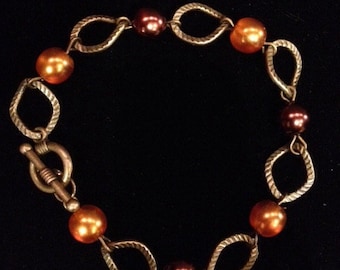 Maroon and Orange Antiqued Gold Brass Czech Glass Pearl Link Bracelet