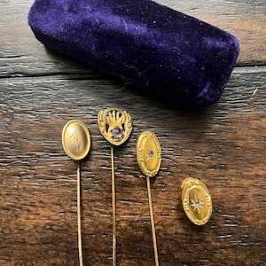 5 Piece Set Includes 3 Antique Gold Plated Hat Pins Stick Pins Lapel Pins with Matching Gold Claw Clip and Velvet Purple Case