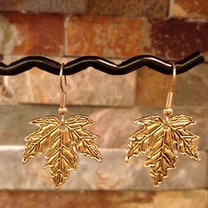 May include: A pair of gold-colored maple leaf earrings. The earrings are hanging from a black metal display bar against a background of brown and gray stone. The earrings have detailed leaf veins.