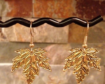 Antiqued Gold Small Maple Leaf Earrings Metal Leaf Earrings