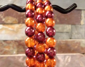 Maroon and Orange Blacksburg VA Czech Glass Pearl Wrap Bracelet virginia tech