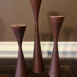 Set of 3 Vintage MCM Mid Century Modern Danish Teak Wood  Teakwood Candlestick Candle Holders Rude Olsonik Style