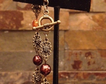 Maroon and Orange Antiqued Gold Brass Czech Glass Pearl Link Bracelet