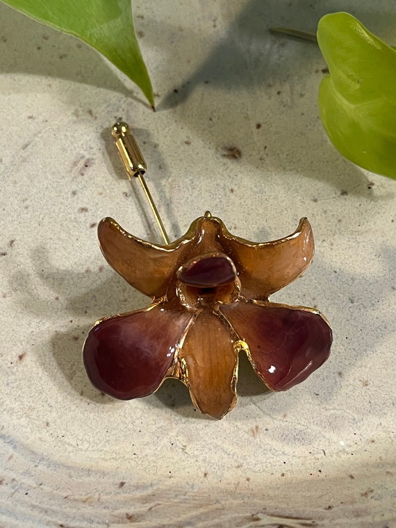 Vintage enamel lacquered real orchid flower brooch