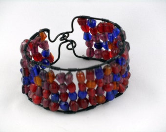 Cuff bracelet - Red, Gold and Blue Wire and Bead