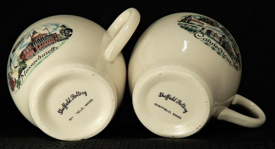 2 Sheffield Pottery Souvenir Cup Mug Massachusetts and Connecticut