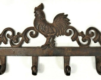 Details about   Rooster Key Rack Cast Iron Hooks Coat Hanger Wall Mounted Country Farm Rustic 
