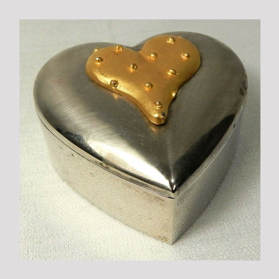 Vintage Heart Shaped Jewelry Box Silver Tone and … - image 1