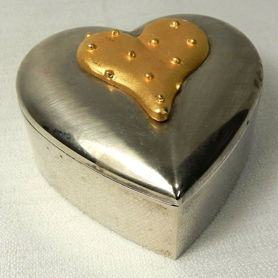 Vintage Heart Shaped Jewelry Box Silver Tone and … - image 2