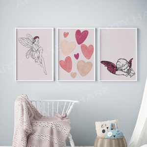 Set of 3 Pink Girls Room Digital Images Fairy Cherub Hearts poster print canvas high quality jpegs