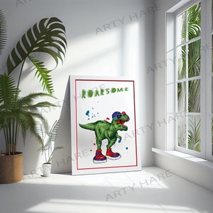 Dinosaur Roarsome Fun Digital Poster Picture Print Canvas Children&#39;s Wall Art Childs Bedroom Decoration Girls and Boys