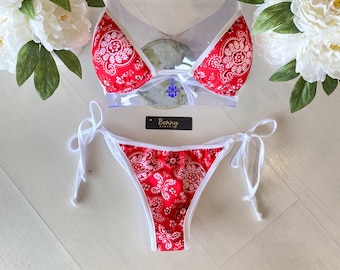 Red Paisley String Bikini - Pads included - Cheeky or Regular coverage