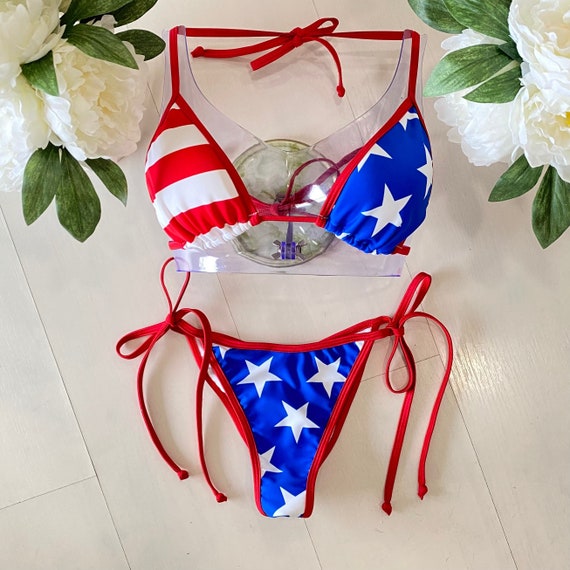 USA Flag String Bikini Pads Included Cheeky or Regular Coverage 